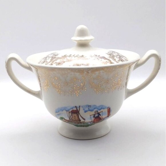 Vintage Dutch Girl White Porcelain Lidded Sugar Bowl W/ Handles Gold Filigree - Picture 1 of 8